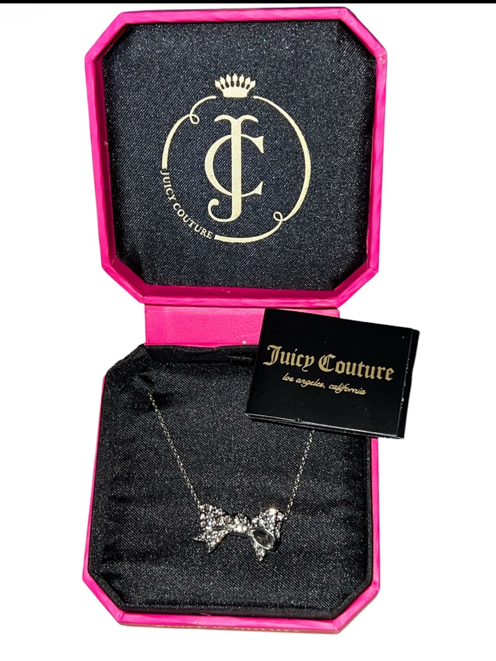NWT Juicy Couture Silver Bow Necklace with Pink Box